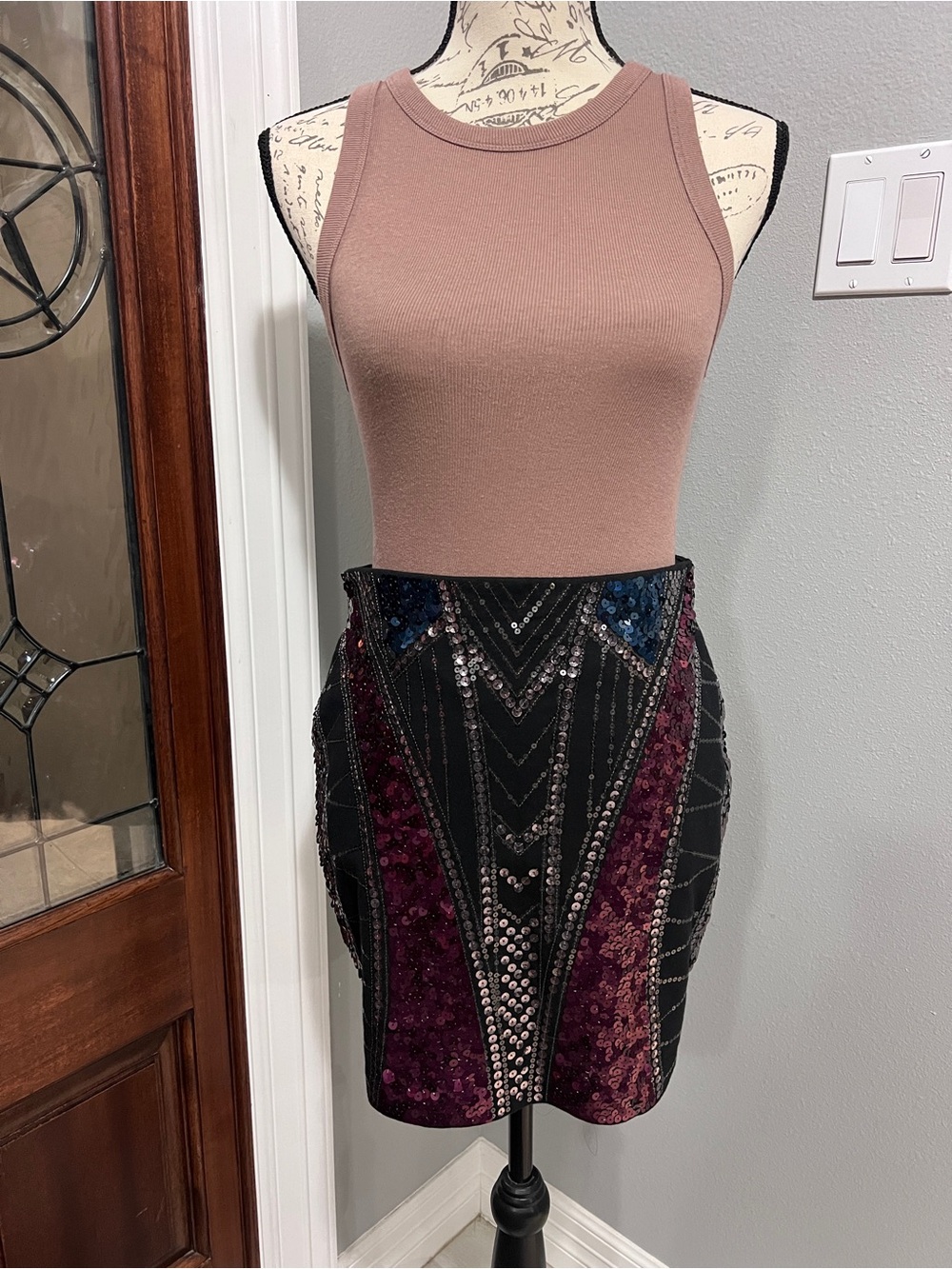 NWT Express Sequin Art Deco Mini Skirt Black Purple Blue S
